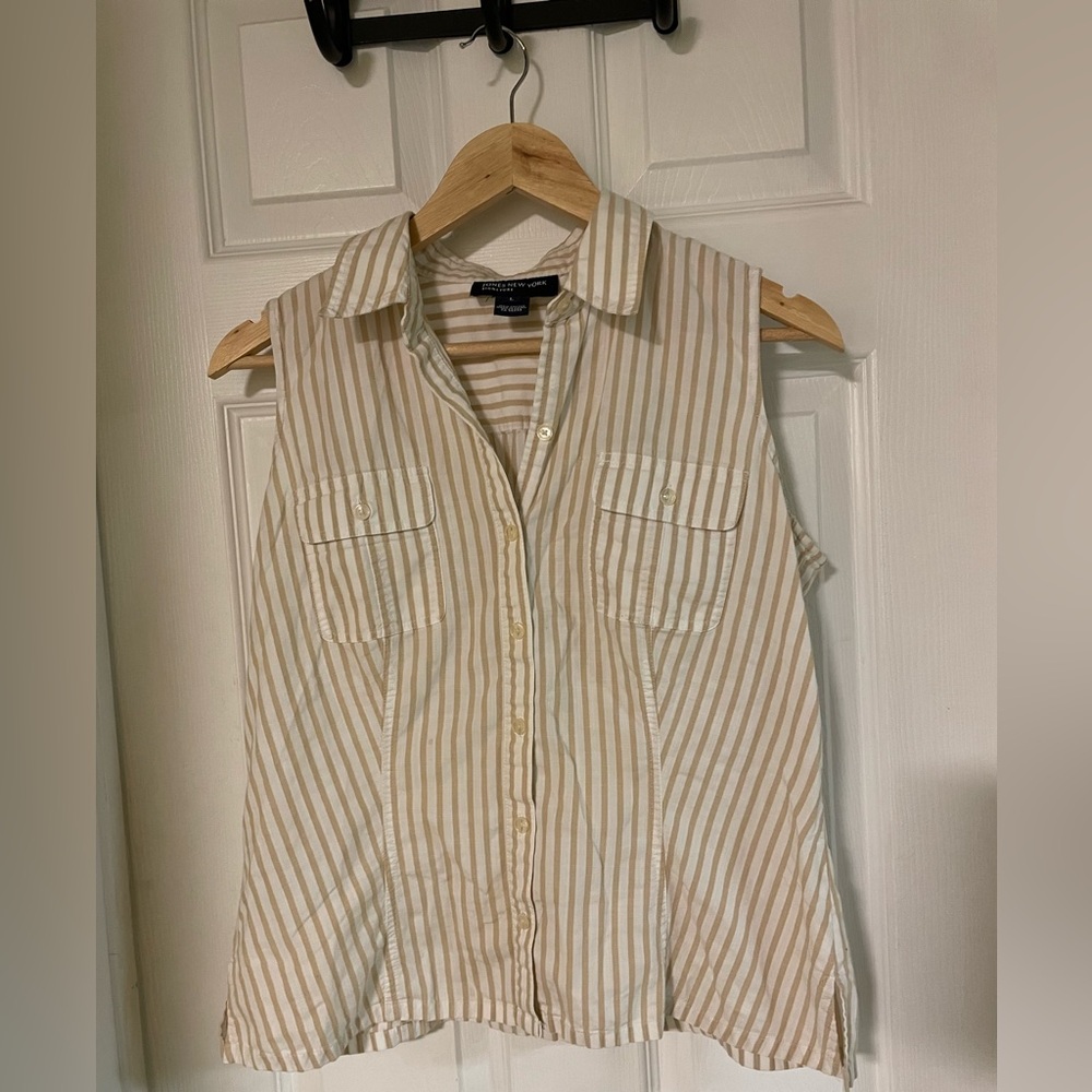 Jones New York Women's Large Striped Sleeveless Button-Up Top